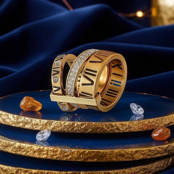 Modern Classic Roman Numeral Unisex Ring 18K Gold Plated Stainless Steel Sz 7 - Picture 1 of 15